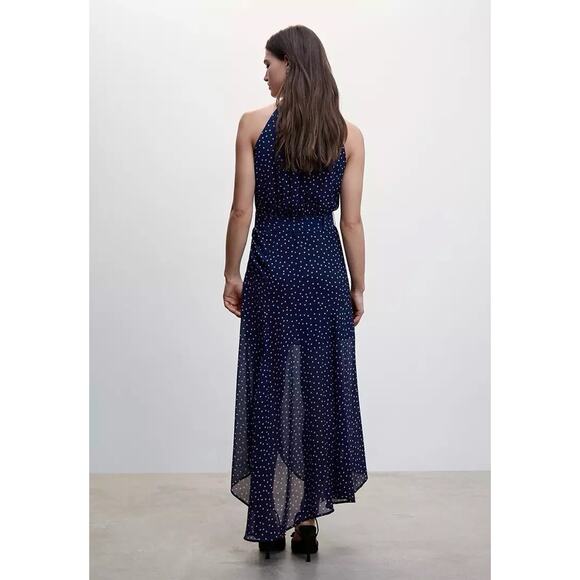 Mango Blue Polka Dot Semi Sheer Mock High Neck Dress Slit Bottom NWT XS 2 - Picture 2 of 9